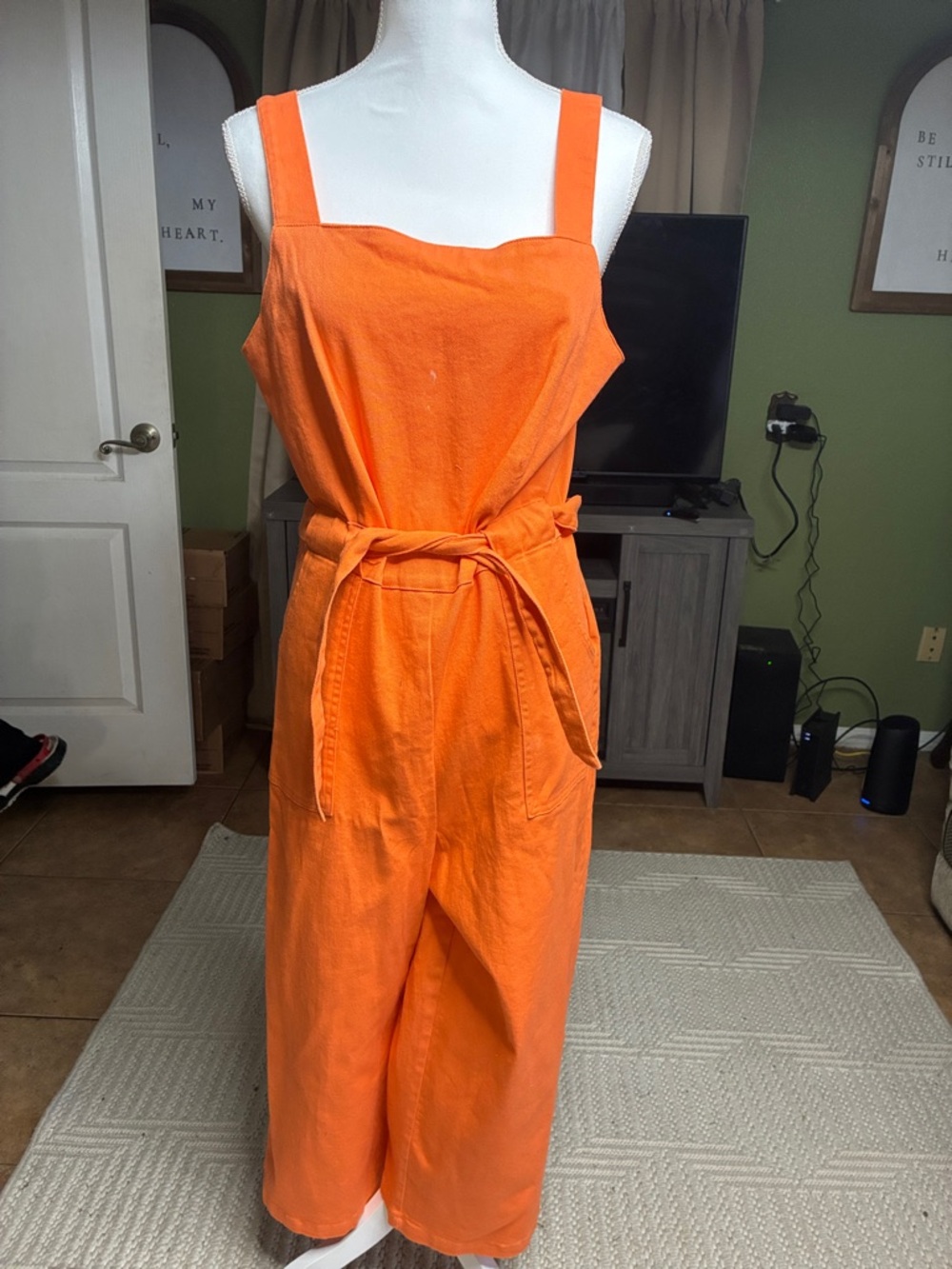 Orange Wide-Leg Cotton Jumpsuit with Tie Belt